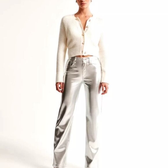 Abercrombie & Fitch Pants Sz 12 the90s relaxed High Rise leather Silver Party - Picture 1 of 16